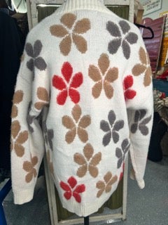 FINAL SALE Cream Sweater Cardigan with Flowers