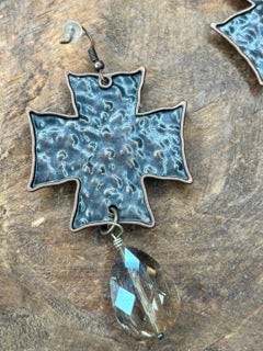 Art by Amy-Rhinestone Brassy Metal Cross Earrings