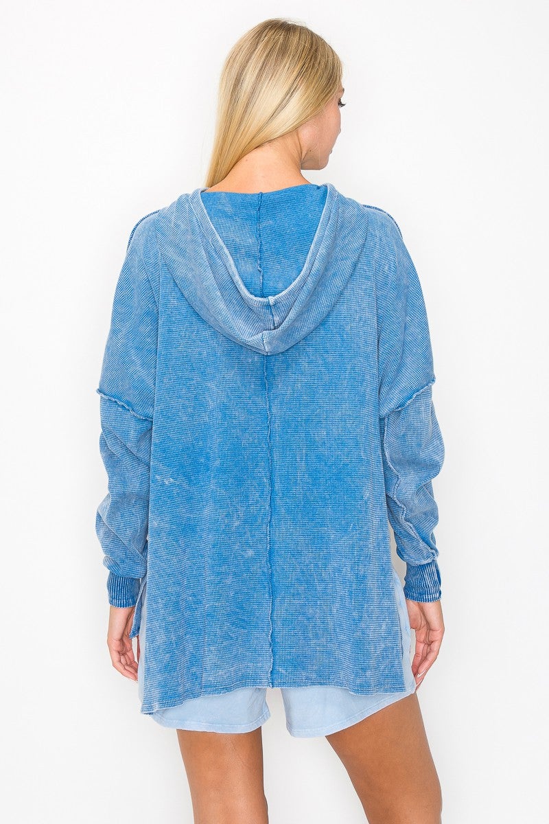 Mineral Wash Thermal Hoodie with Kangaroo Pocket (Blue)