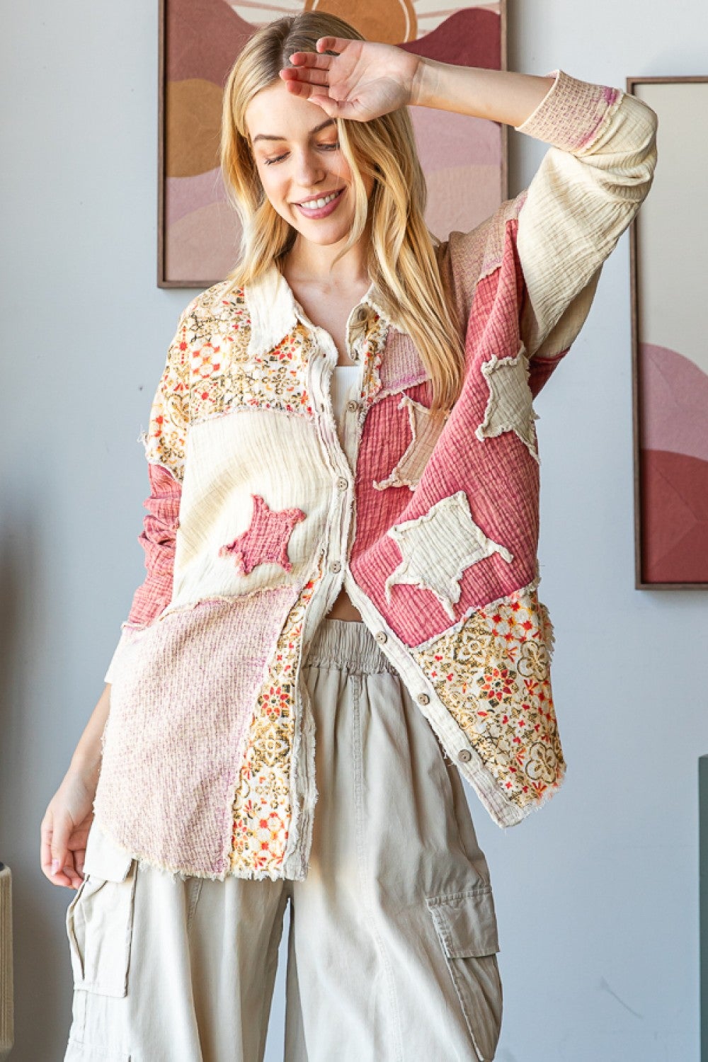 Oli & Hali- Washed Star Patch Front Button Shirt (Natural)