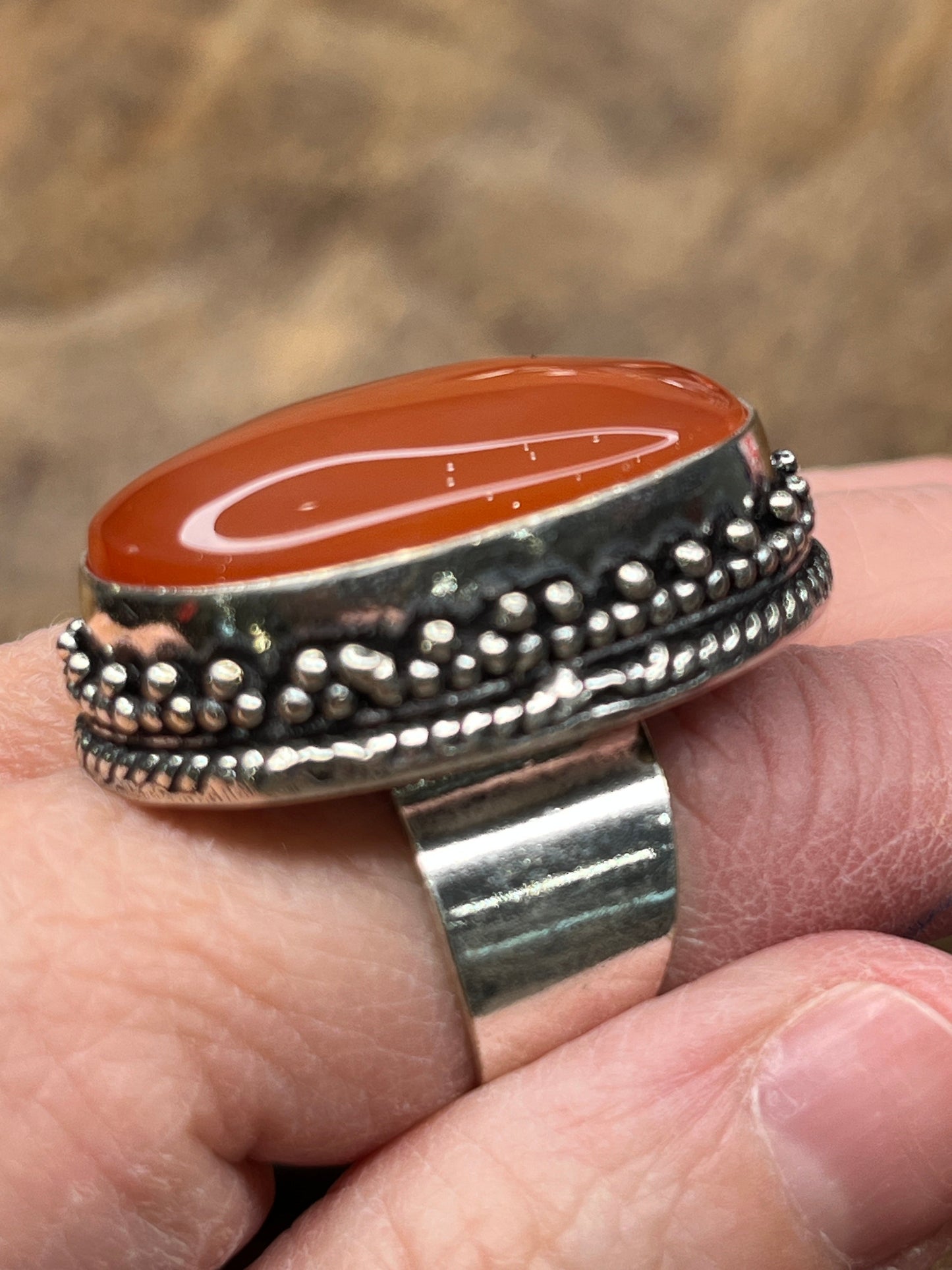 Red Onyx Medium Sized Ring German Silver Beaded Edging