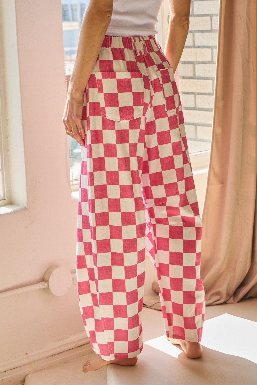 Oddi- Checkered Printed Barrel Denim Pants (Pink) *Final Sale*
