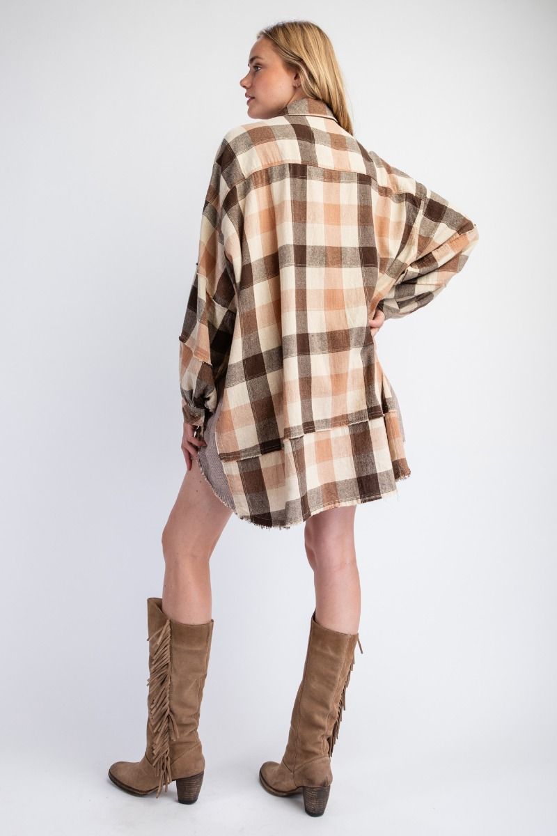 Easel- Plaid Yarn Dye Oversized Shirt Dress (Coral Brown)