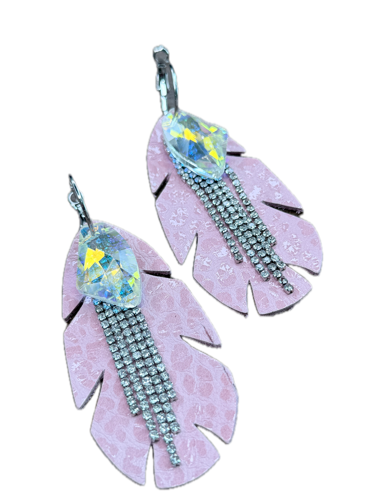 Rhinestone and Leather Feather Earrings (Light Pink)