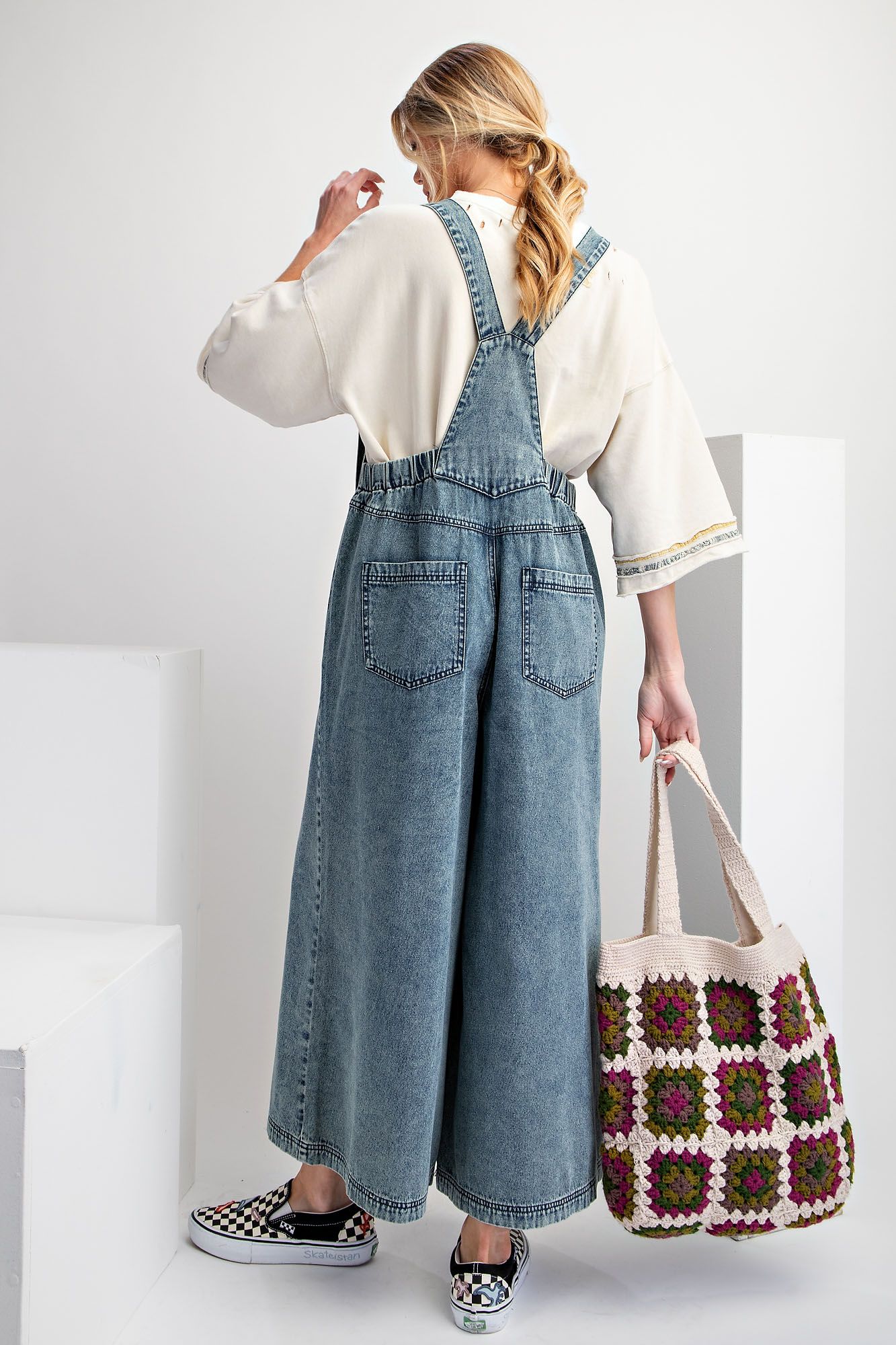 Easel- Stone Wash Wide Leg Overalls (Washed Denim)