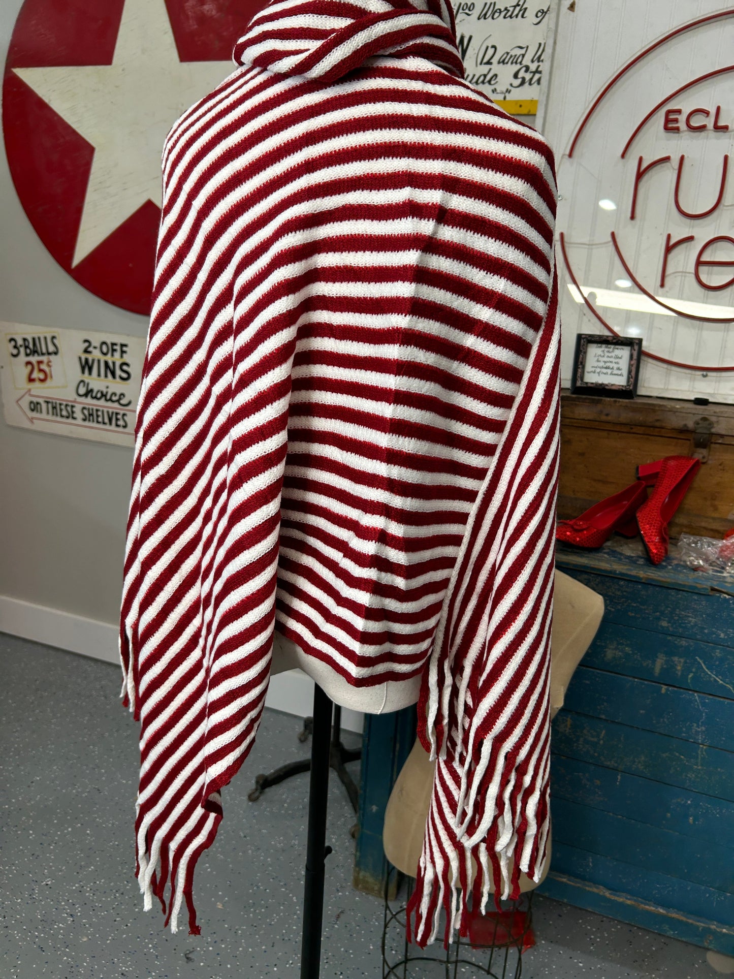 Striped Poncho (Red & White)