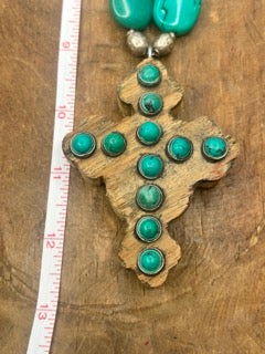 Wooden Turquoise Cross Necklace