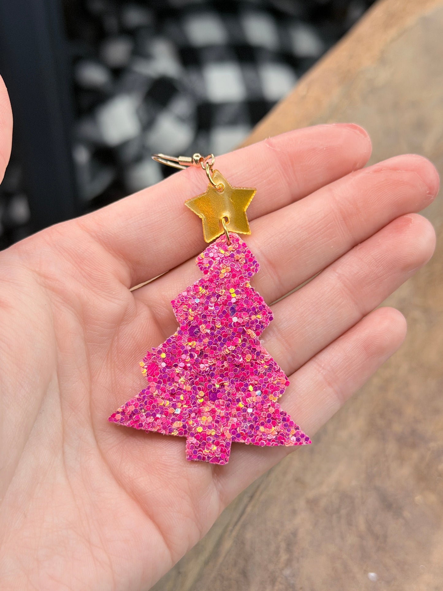 Glitter Christmas Tree Earrings (Pink Rose)