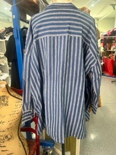 Paper Lace- Striped Button Down Linen Shirt (Blue)