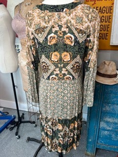 Easel- Floral Print Long Sleeve Dress (Green and Gold)