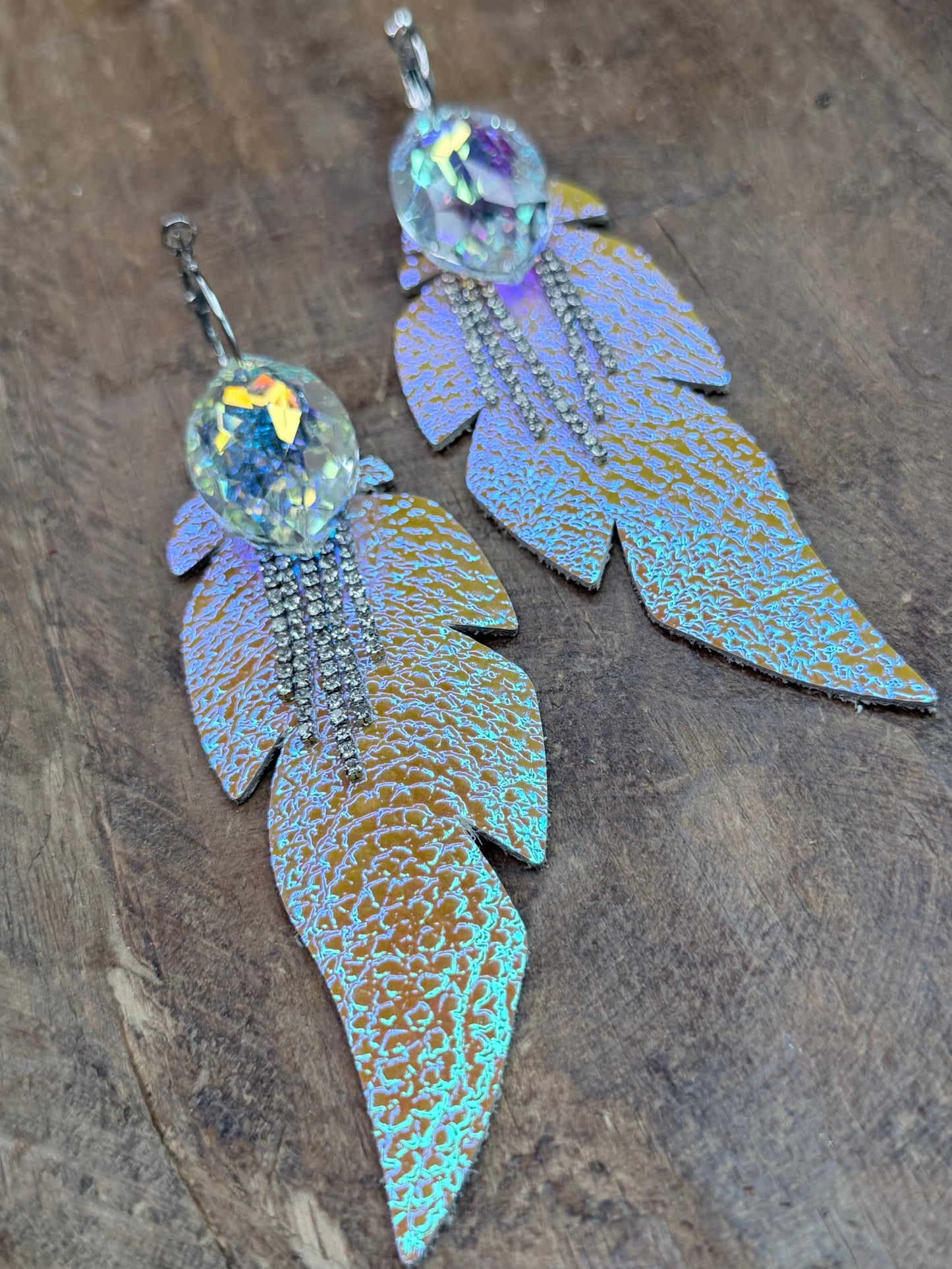 Rhinestone and Leather Feather Earrings (Yellow)