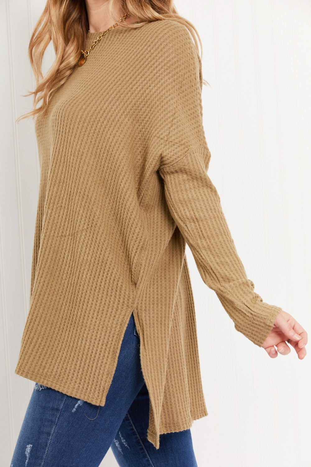 Zenana Cottage Escape Full Size Slit Waffle Knit Sweater