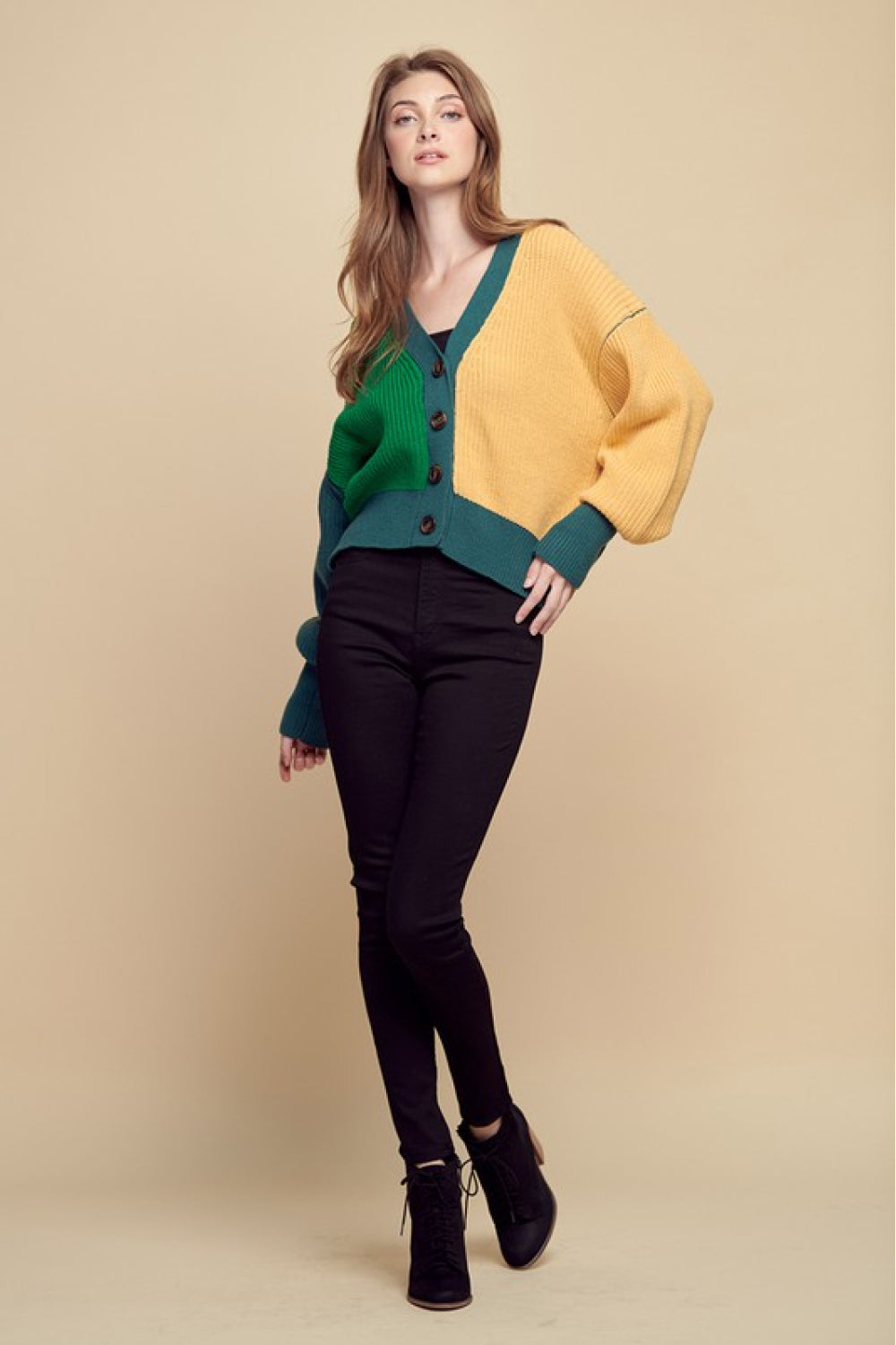 Petal Dew Color Block Ribbed Lantern Sleeve Cardigan