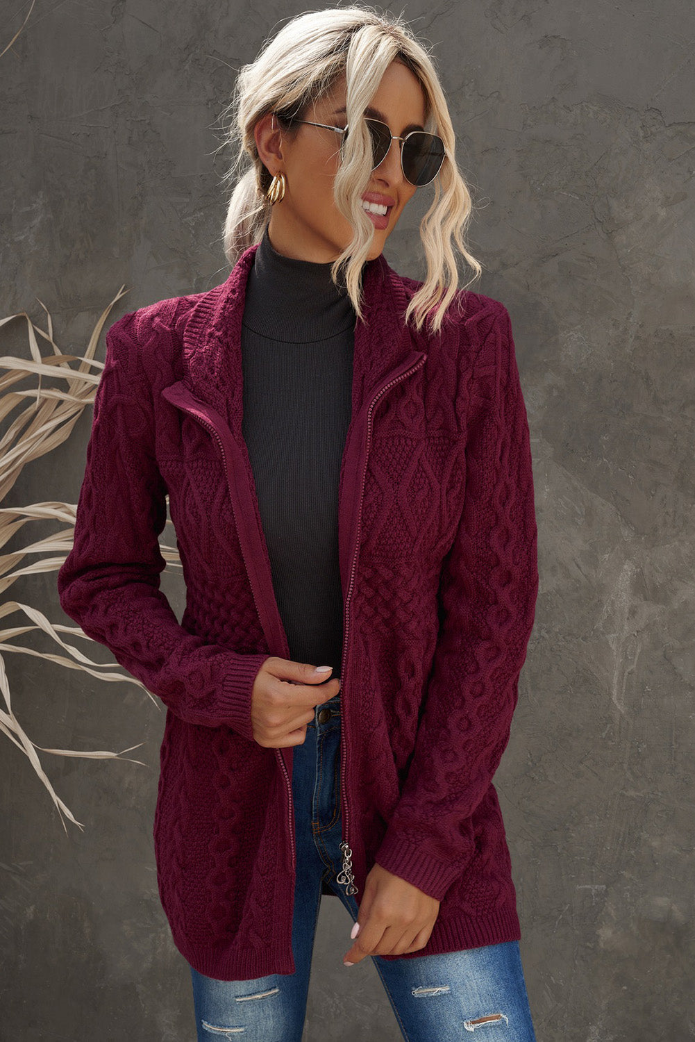 Mixed Knit Zip-Up Longline Cardigan