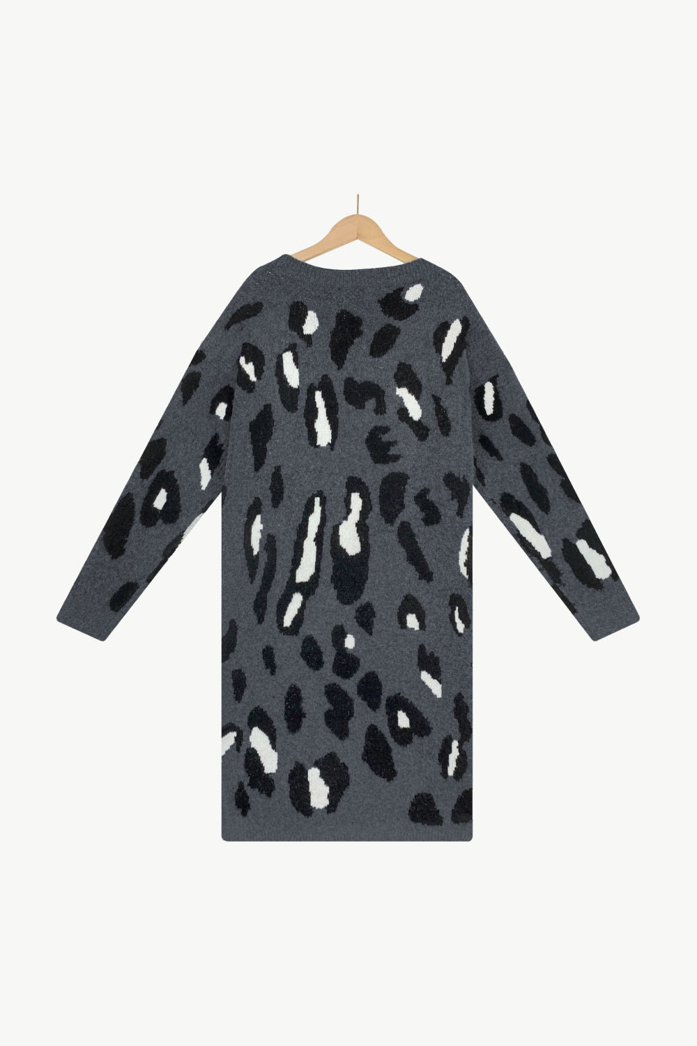 Animal Print Open Front Ribbed Trim Duster Cardigan with Pockets