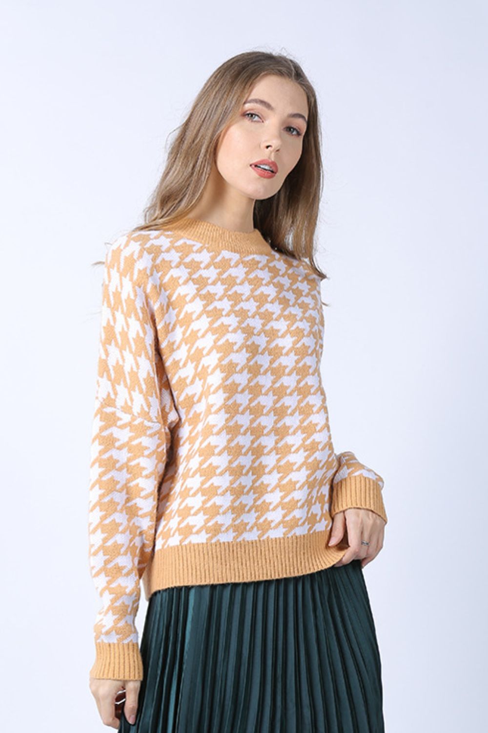Houndstooth Dropped Shoulder Crewneck Sweater
