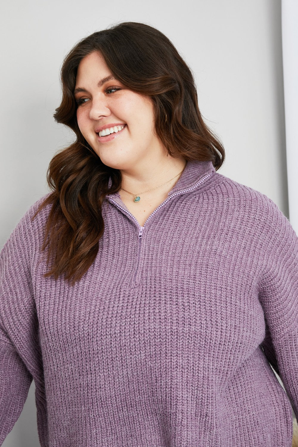 Sew In Love Full Size Quarter-Zip Collared Drop Shoulder Sweater
