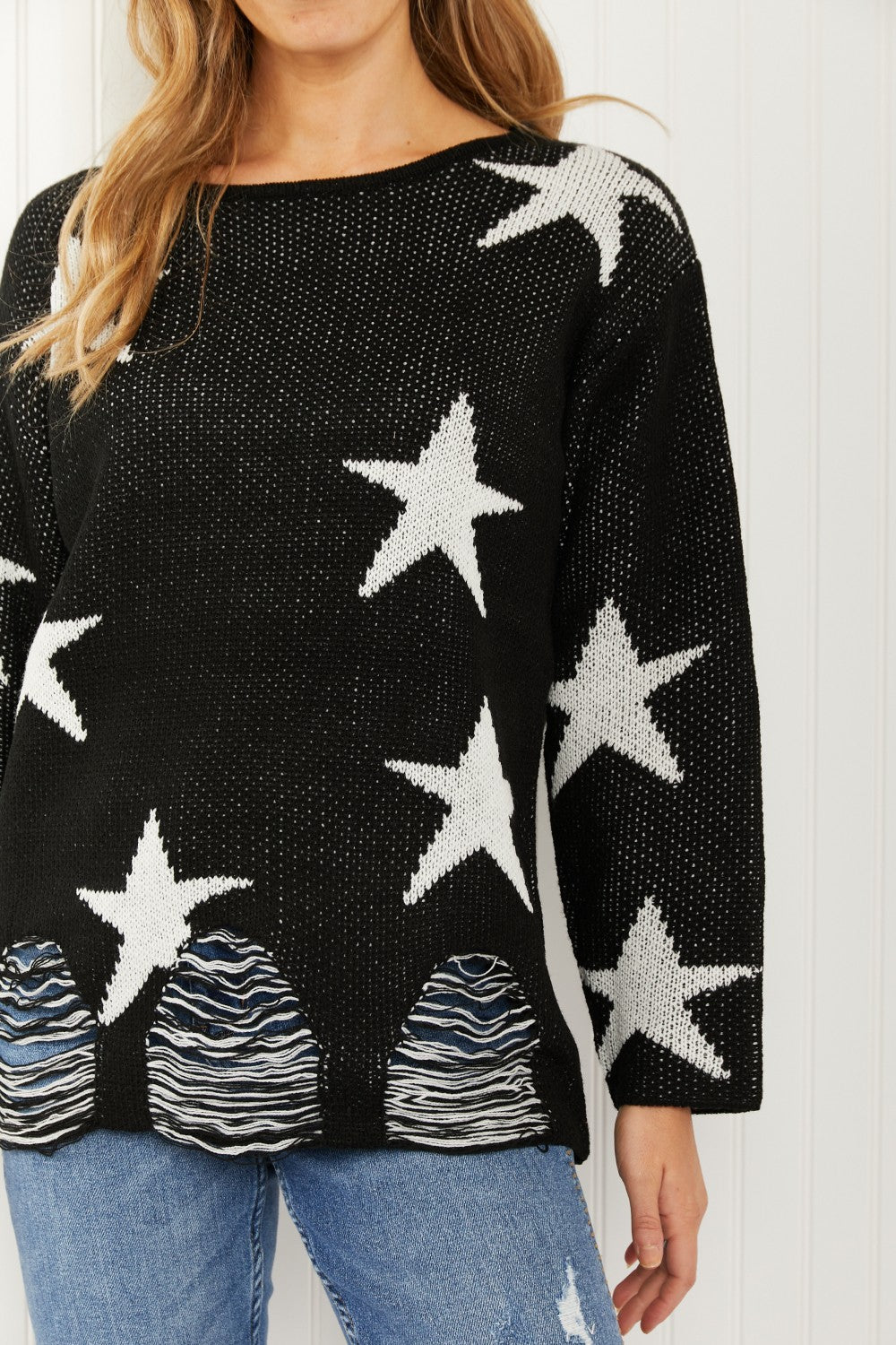 Zenana Starry Night Star Print Distressed Sweater
