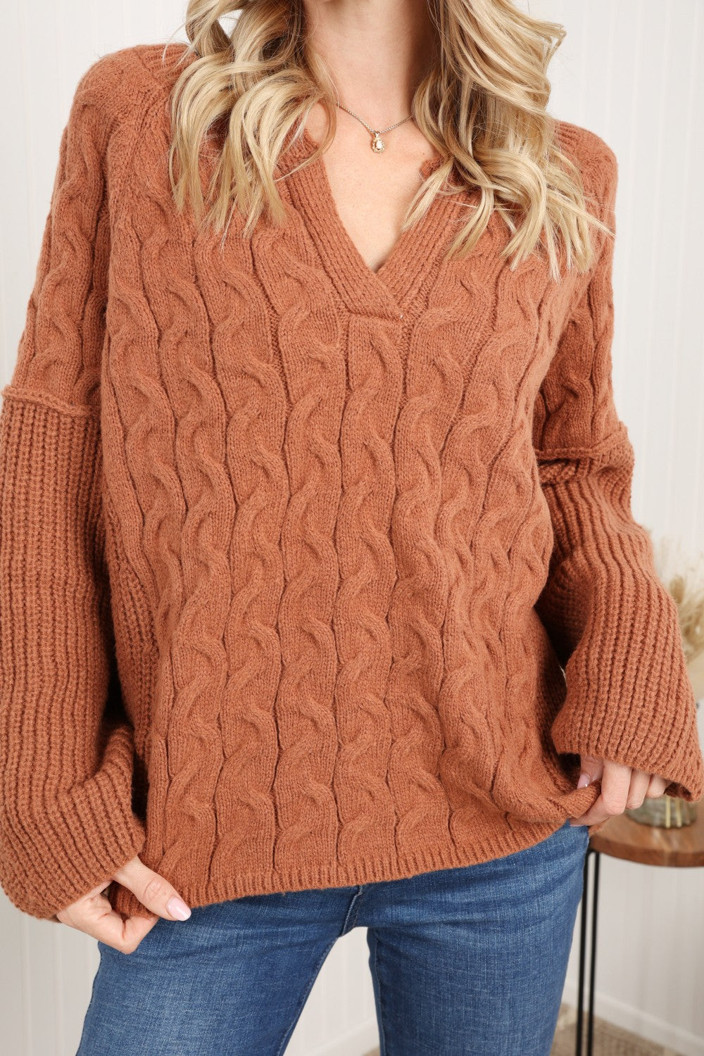 Petal Dew Cable-Knit Notched Sweater