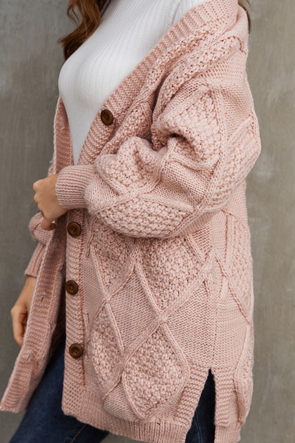 Side Slit Drop Shoulder Button-Up Cardigan