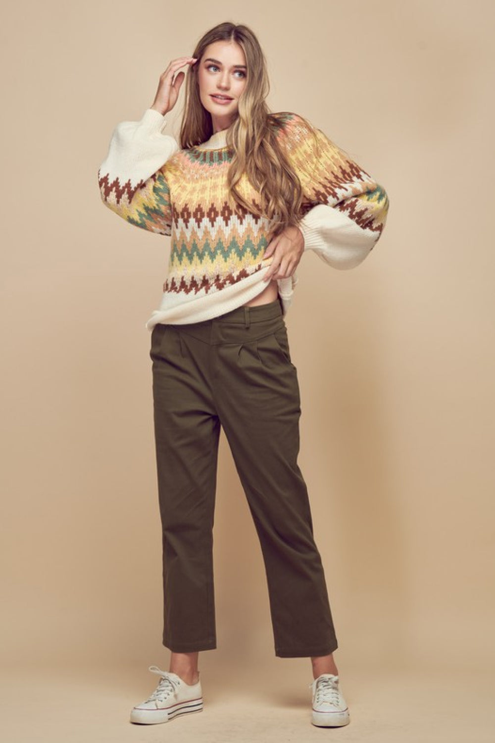 Petal Dew Multicolored Rolled Hem Balloon Sleeve Sweater