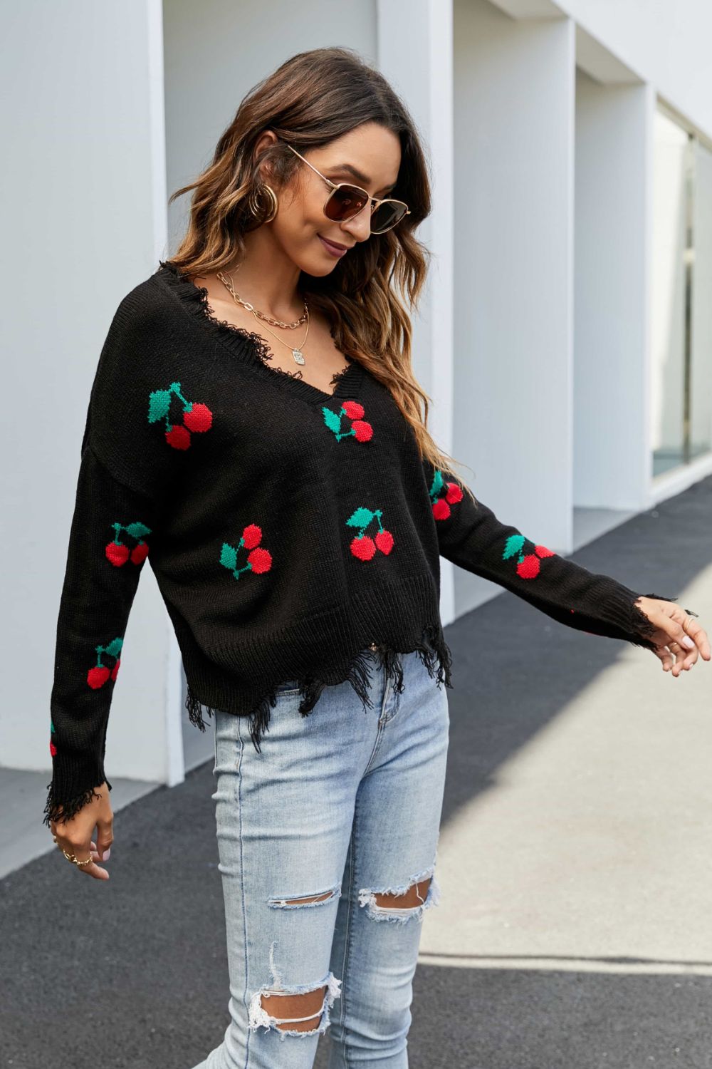 LOT #202 - LOT - #210 LOT - #204 Cherry Pattern Frayed Trim V-Neck Sweater