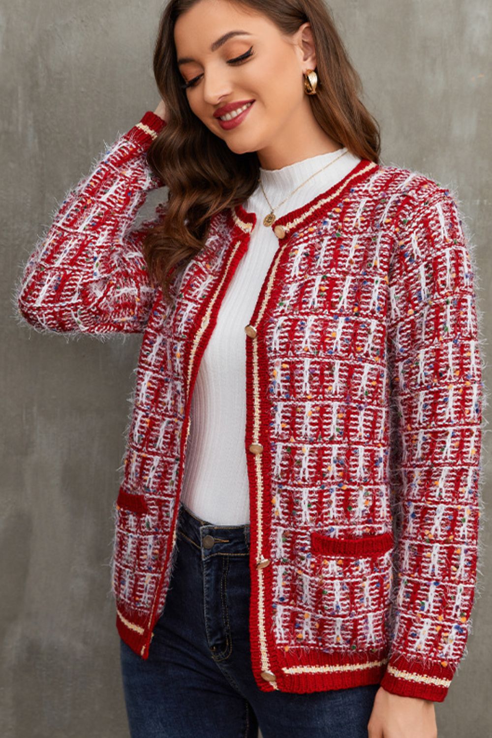 Confetti Round Neck Button-Up Cardigan