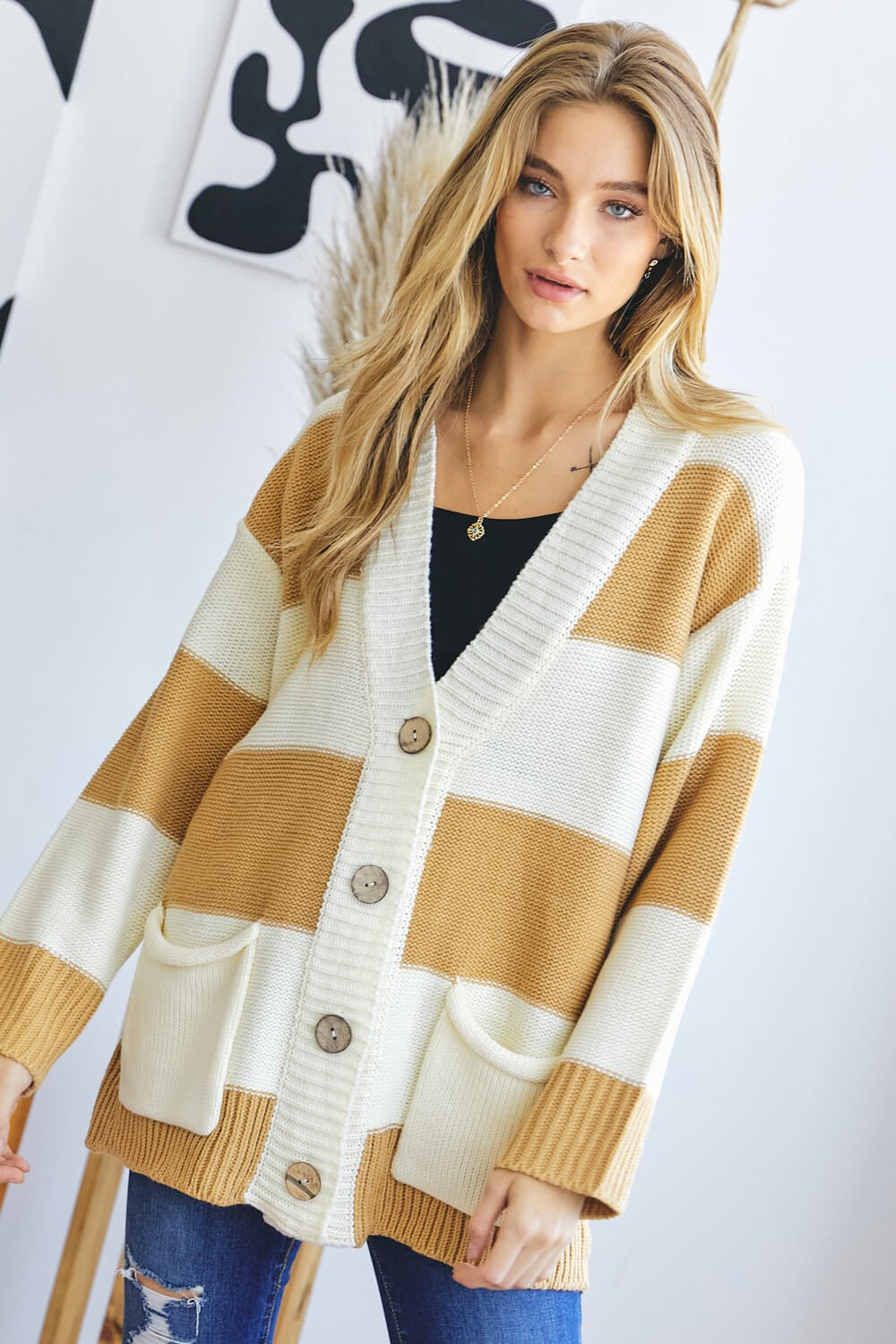 Davi & Dani Full Size Striped Button-Up Drop Shoulder Pocket Cardigan