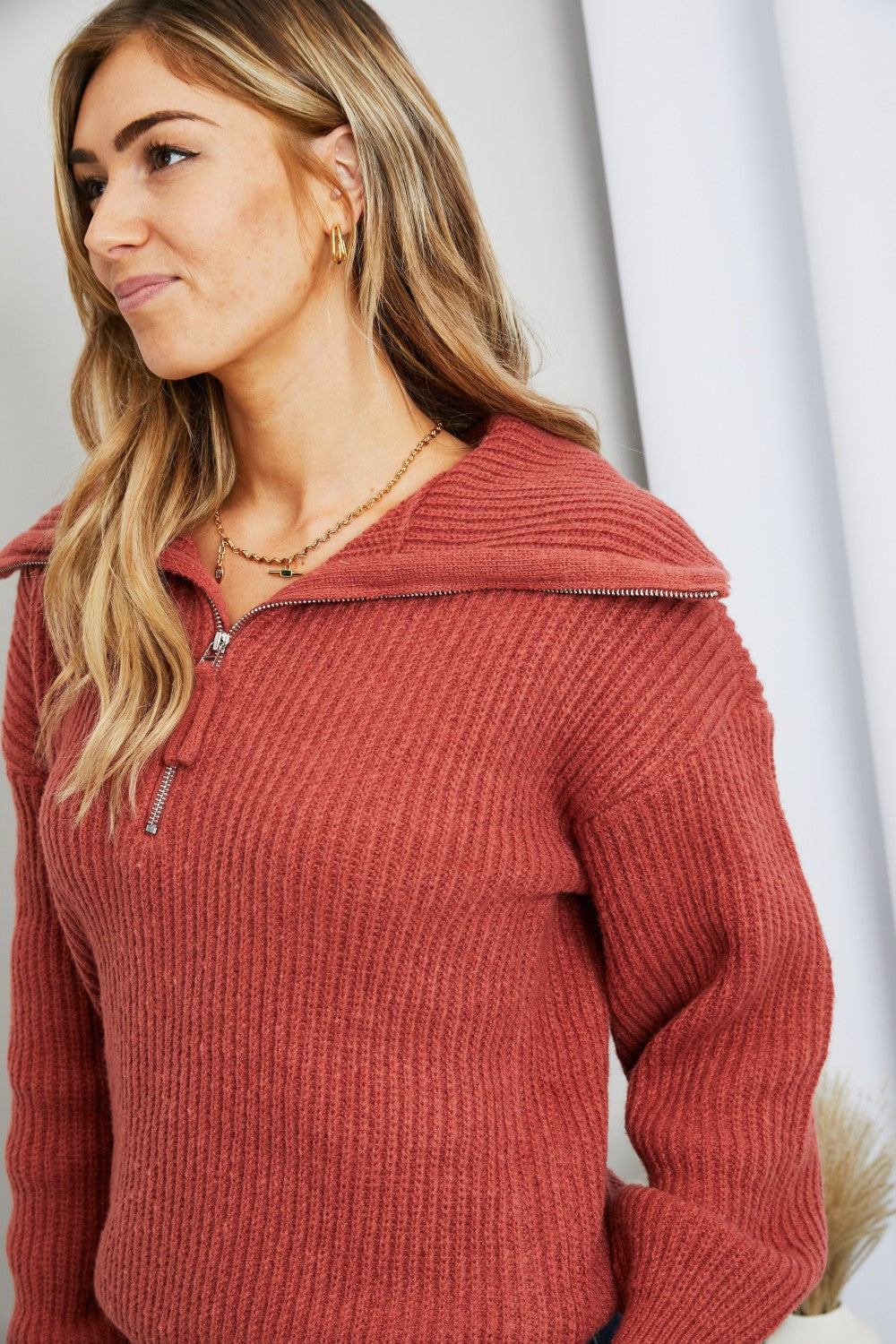 Very J Quarter-Zip Rib-Knit Collared Sweater