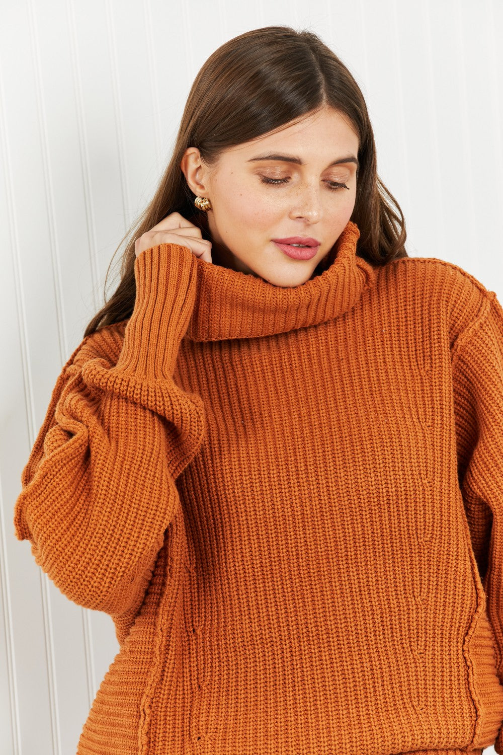 Zenana Exposed Seam Turtleneck Rib-Knit Sweater