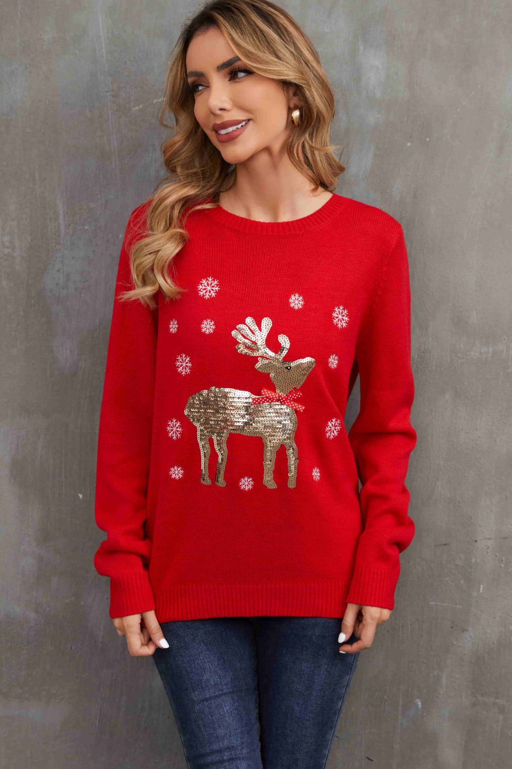 Christmas Sequin Reindeer Graphic Pullover Sweater