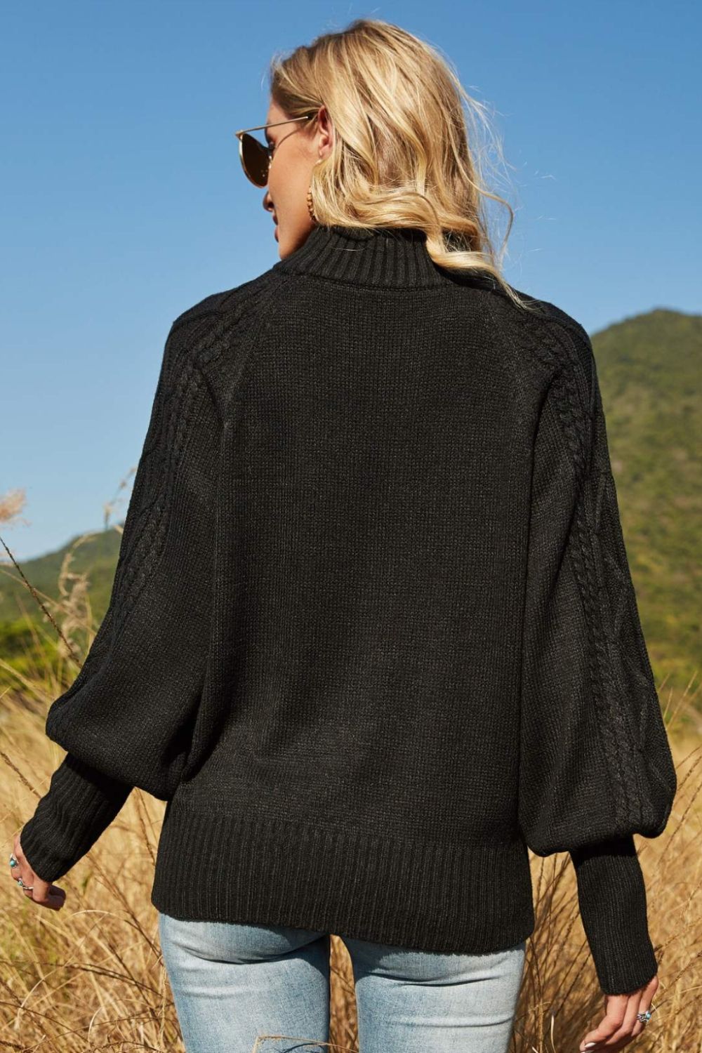 Lantern Sleeve Ribbed Trim Crewneck Sweater
