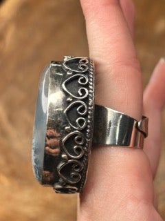 German Silver Blue Moss Agate Ring D
