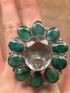 German Silver Emerald and Quartz Cluster Ring