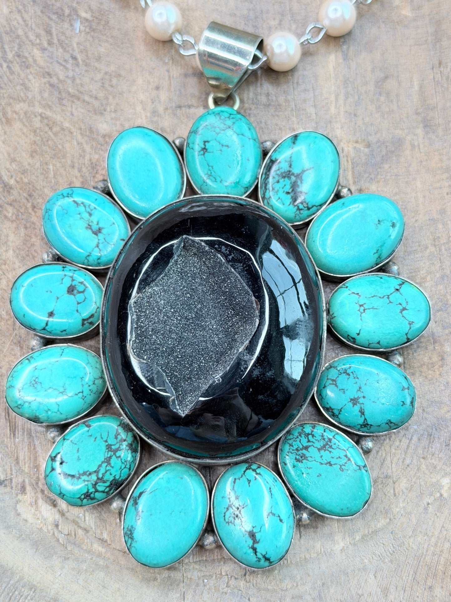 German Silver Turquoise and Druzy Black Agate Necklace
