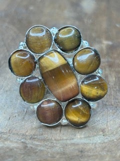 German Silver Small Rectangle Tigers Eye Cluster Ring