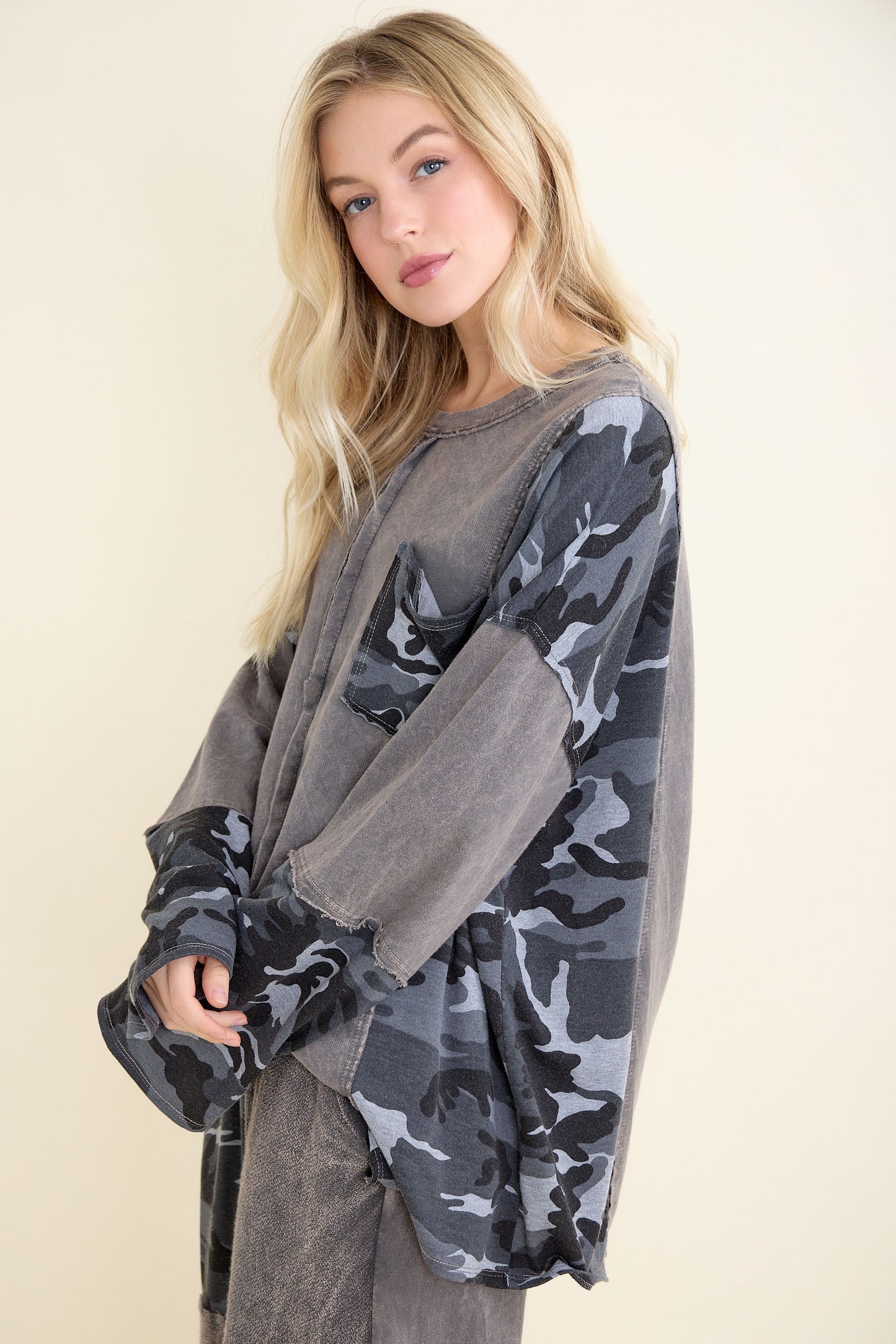 SALE J Her- Camo Patchwork Washed Top (Charcoal) *Final Sale*
