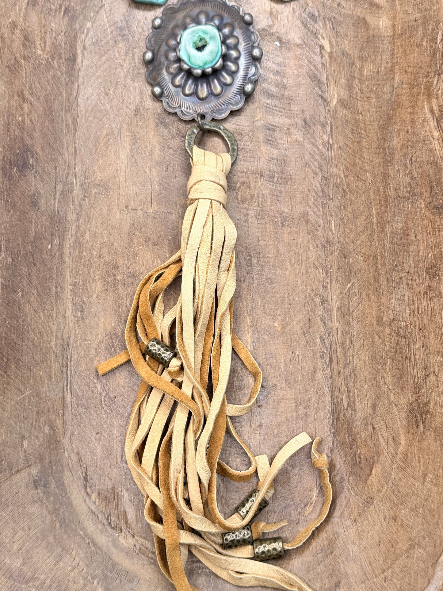Art by Amy- Malachite Slab and Leather Fringe Necklace