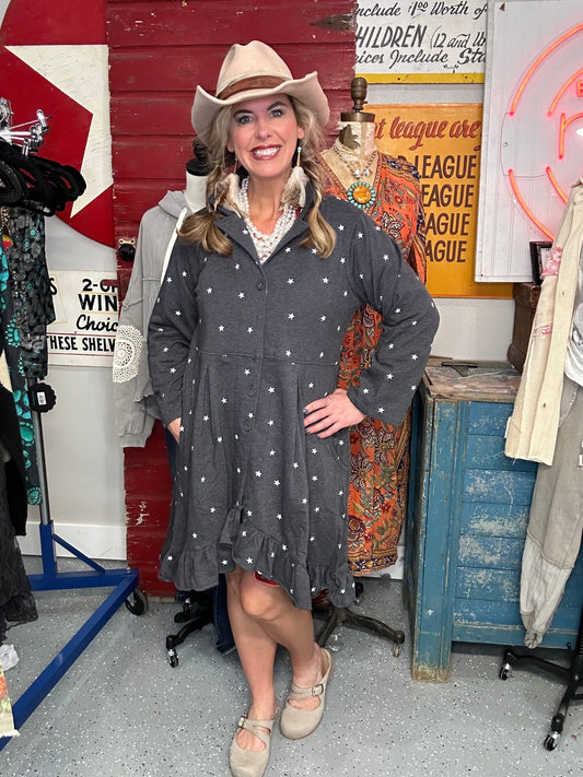 FINAL SALE Paper Lace- Long Sleeve Star Print Jacket/Dress (Charcoal)