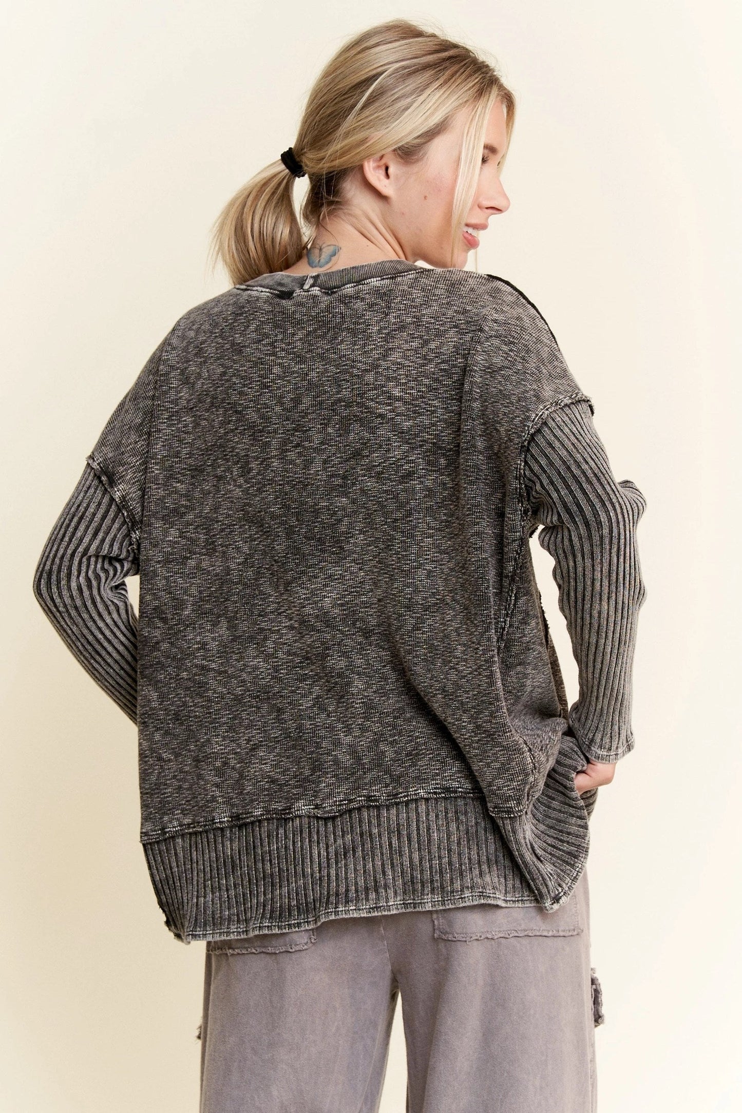Mineral Wash Deep V-neck Melange Sweater (Ashed Black)