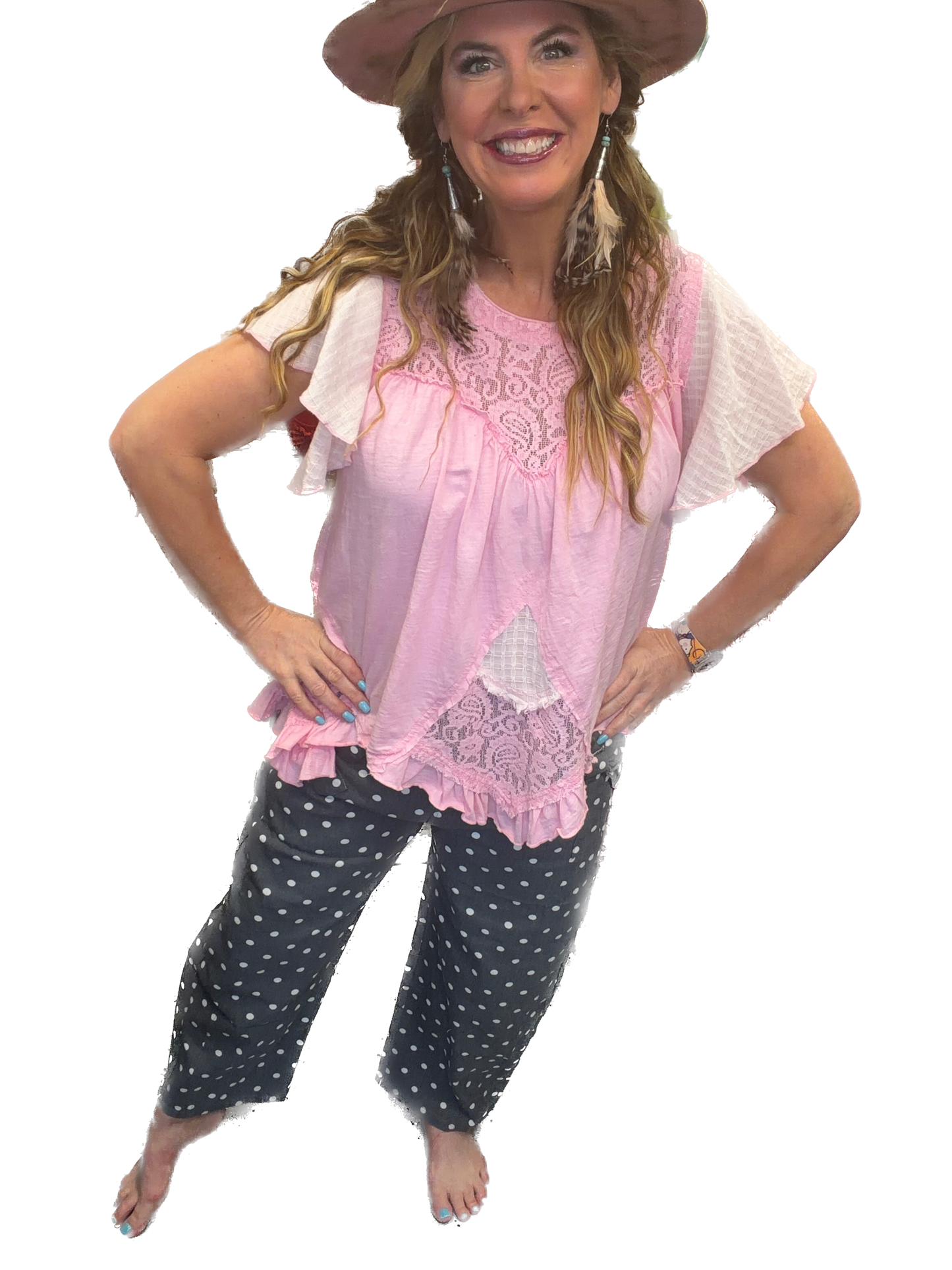 Oddi- High-rise Denim Polka Dot Bow-tied Pants (Denim)