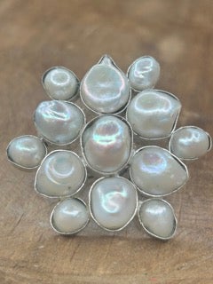 German Silver Snowflake Pearl Cluster Ring D