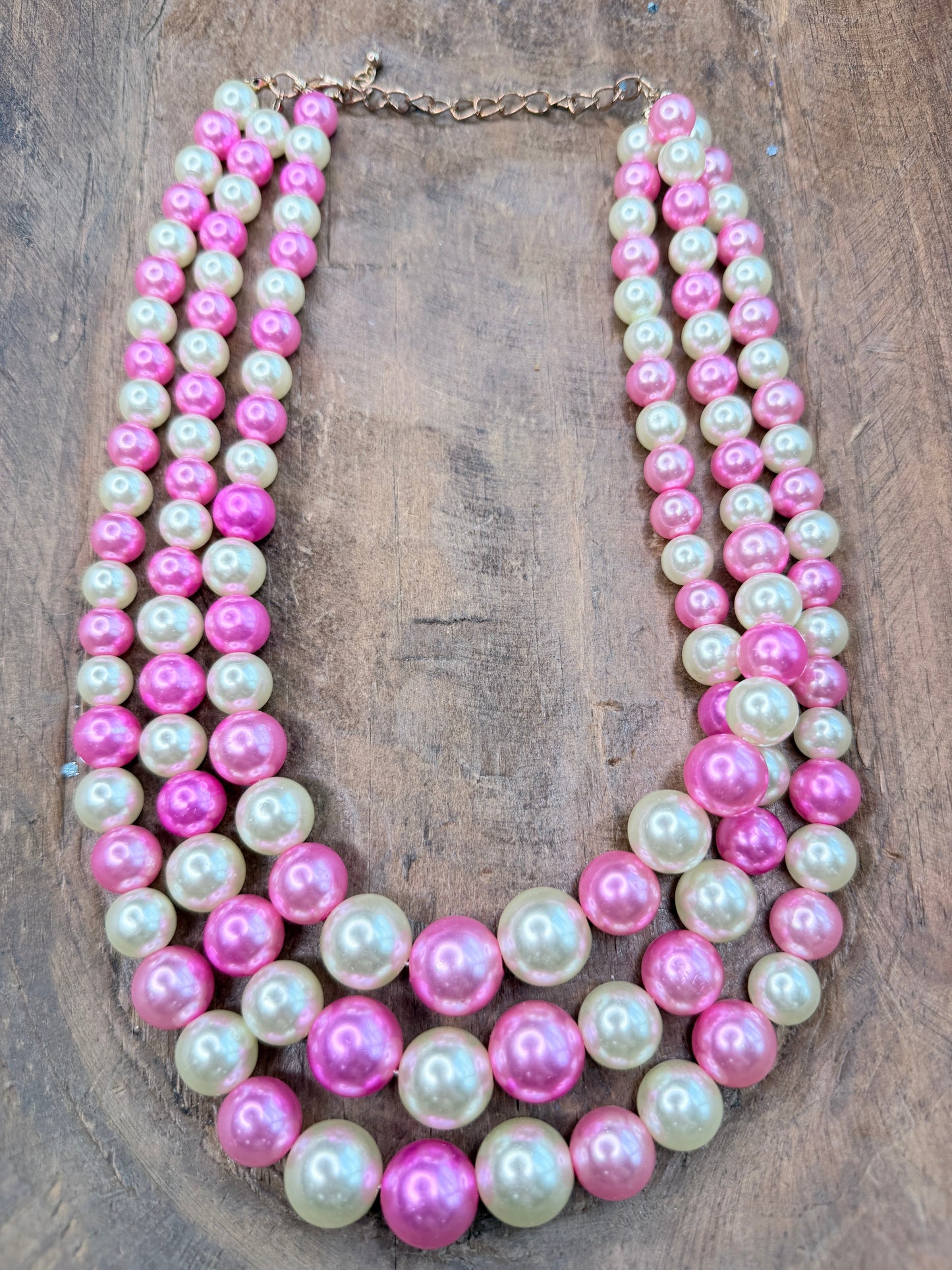 Three-Strand Pink and White Pearl Necklace