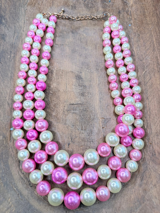 Three-Strand Pink and White Pearl Necklace