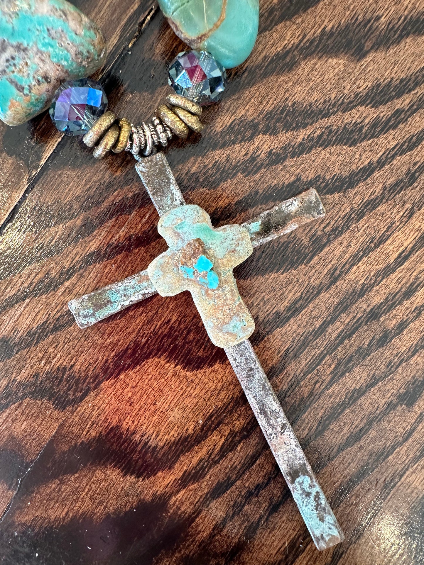 Rare Bird- Metal Cross with Turquoise Beaded Necklace