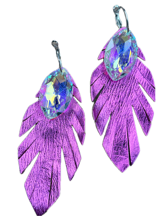 Rhinestone and Leather Feather Earrings (Hot Pink)