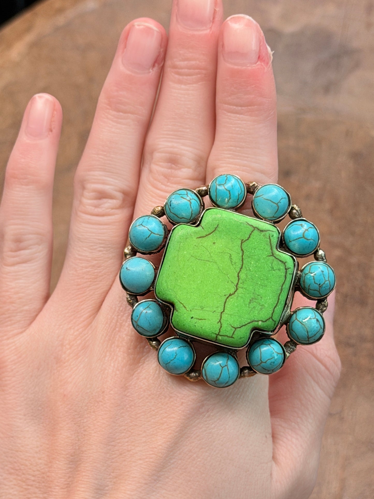 German Silver Green Howlite and Turquoise Ring