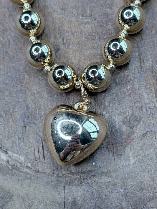 Gold Chunky Pearl Heart Necklace (Small)