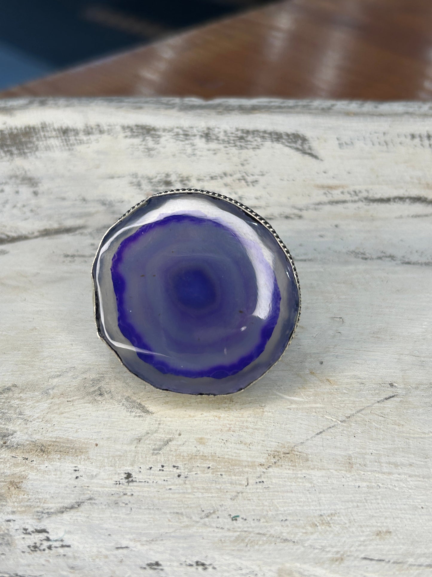 German Silver and Purple Geode Ring