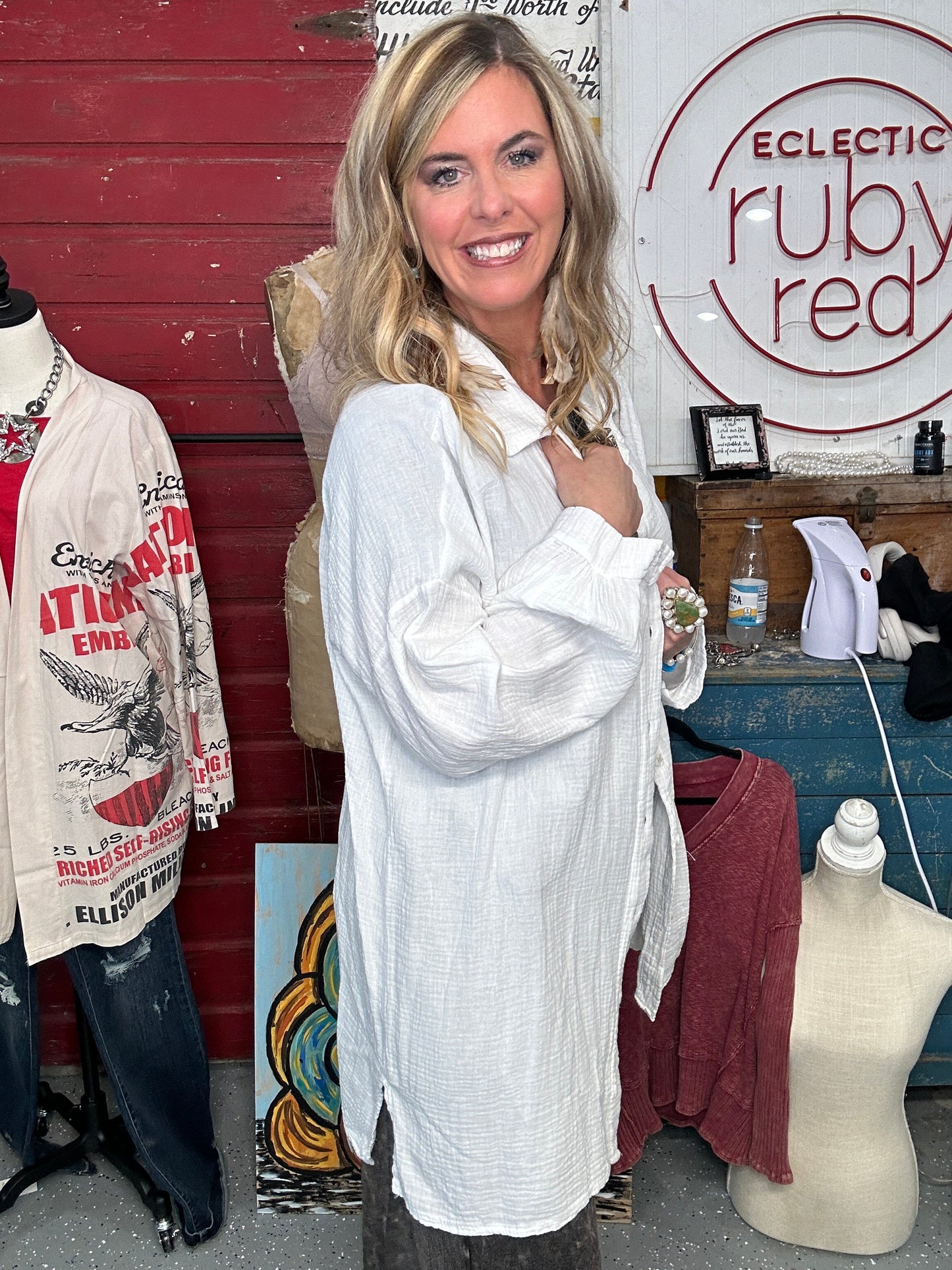 Long Sleeve Button Up Tunic/Shirt (white )